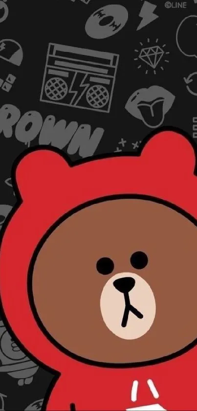 Cute cartoon bear in a red hoodie on a phone wallpaper.