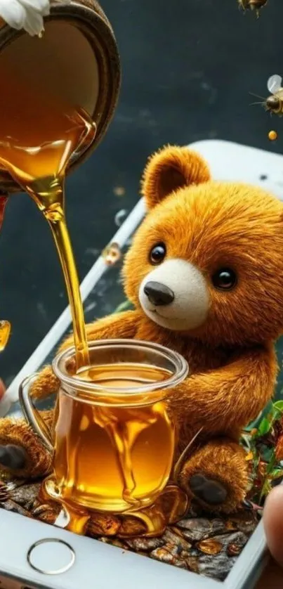 Cute teddy bear surrounded by honey on a phone screen.