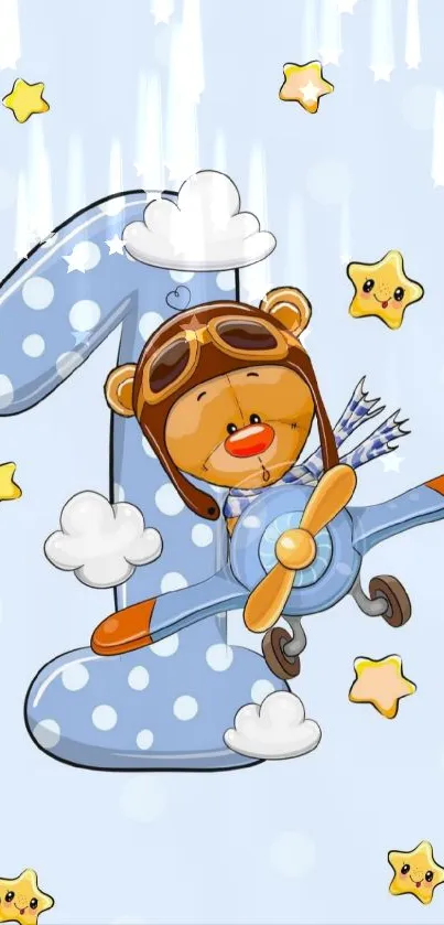 Cartoon bear flying a plane with stars and clouds.