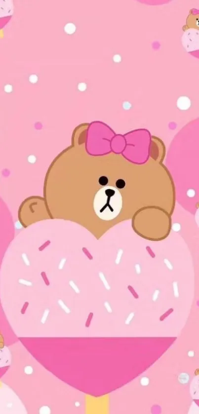 Cute cartoon bear in pink heart wallpaper.