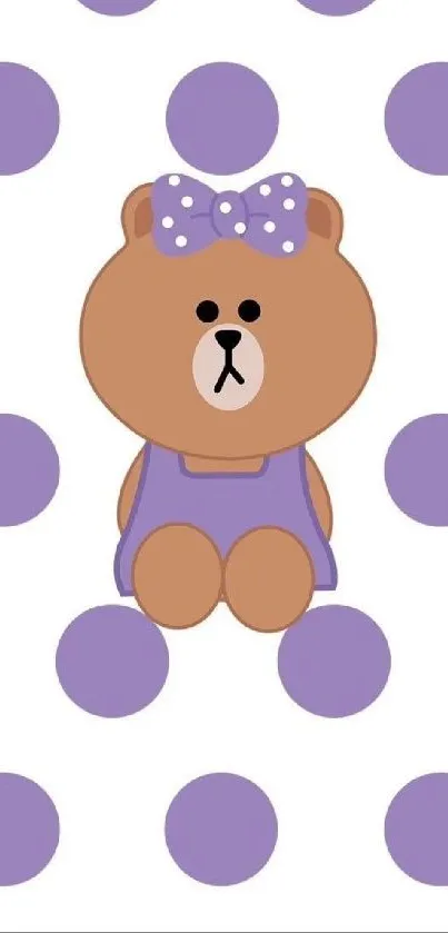 Cute bear with purple polka dots on a mobile wallpaper.