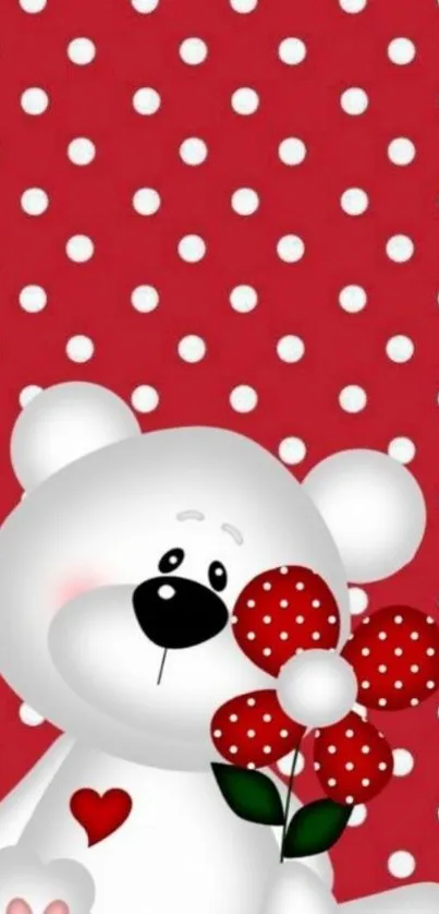 Cute bear with flower on red polka dot background wallpaper.