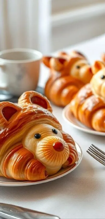 Cute bear-shaped pastries with glossy finish on a dining table.