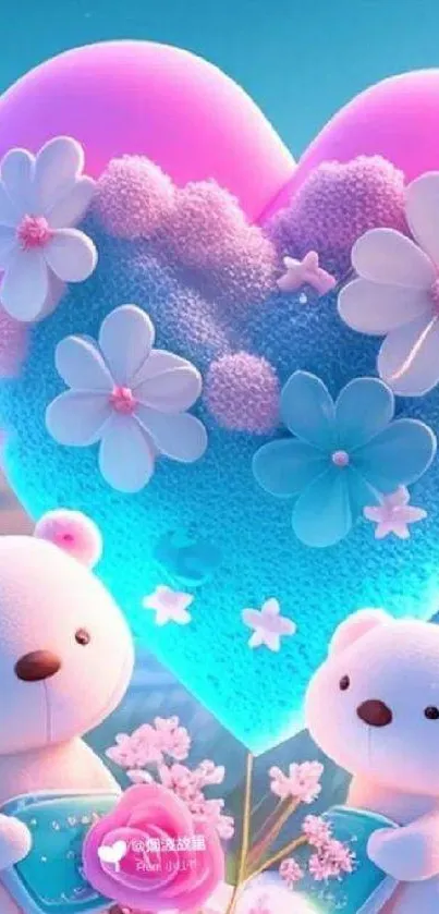 Cute bears with a floral heart backdrop in a spring-themed wallpaper.