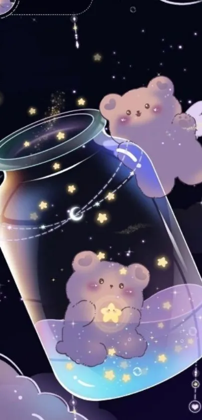 Cute bear in a jar under a starry sky wallpaper.