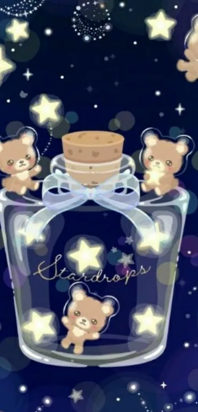 Cute bears in a starry jar with glowing night sky.