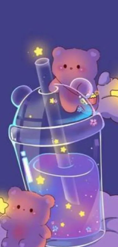 Adorable bears with stars on a purple night background.