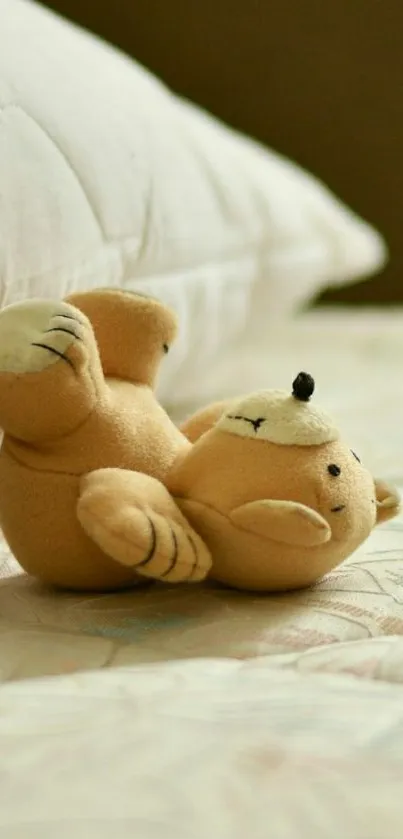 Cute bear toy lying on a cozy bed, perfect for a playful and warm wallpaper.