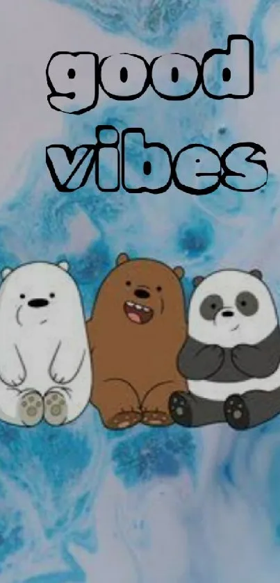 Cute bear trio with good vibes text on a blue swirl background.