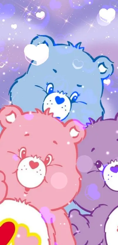 Charming trio of colorful bears against a starry background.