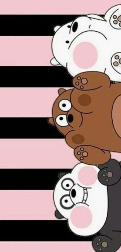 Cartoon bears on pink and black striped background wallpaper.