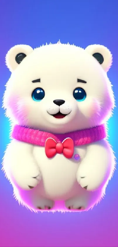 Adorable white bear with pink scarf on a purple gradient background.