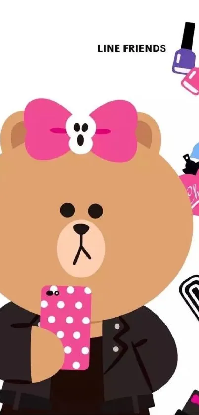 Adorable cartoon bear phone wallpaper with colorful elements and pink accents.