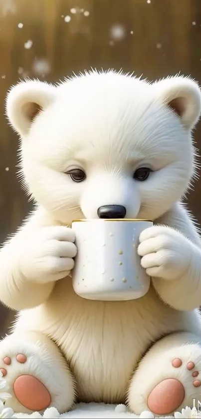 Cute white bear holding a cup with daisies.