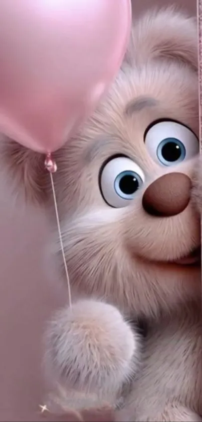 Adorable fluffy bear with pink balloon, peeking playfully.
