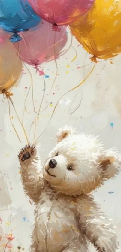 Illustration of a cute bear with colorful balloons.