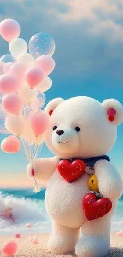 Teddy bear holding pink balloons at the beach with a clear sky.