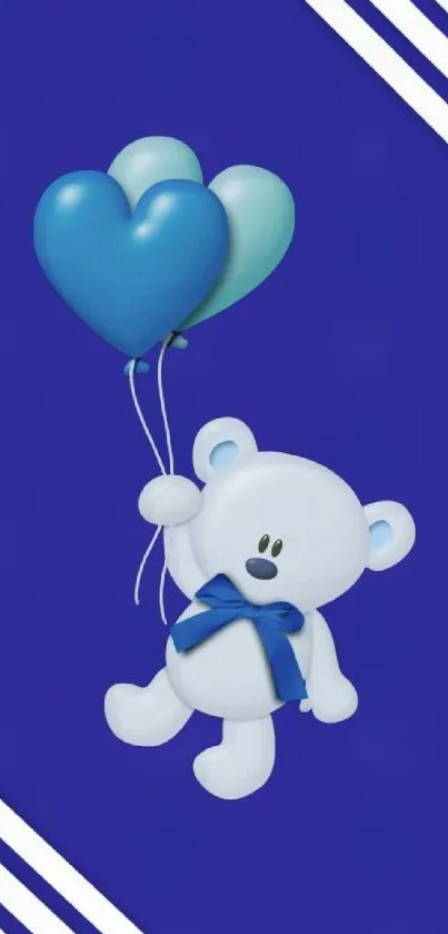 Cute white bear with heart balloons on blue wallpaper.