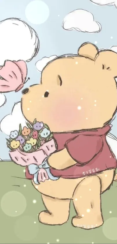 Cute cartoon bear holding a bouquet under fluffy clouds.