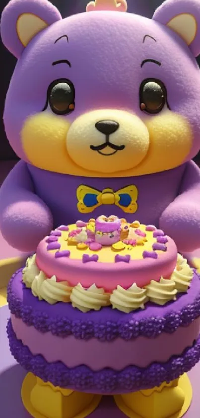 Cute cartoon bear with colorful cake on vibrant background.