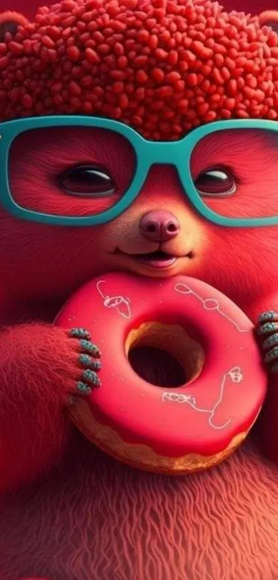 Cartoon bear with teal glasses holding a donut on a red background.