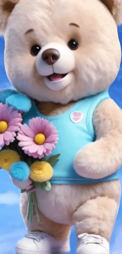 Cute bear holding flowers against a blue sky.