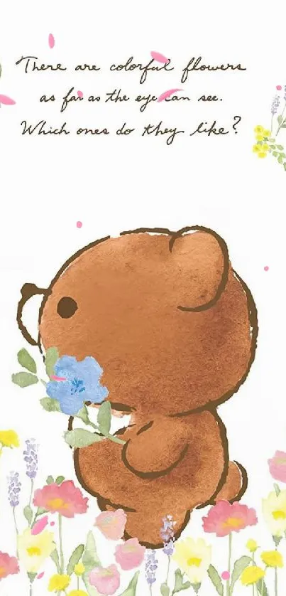 Cute bear with colorful flowers wallpaper illustration.