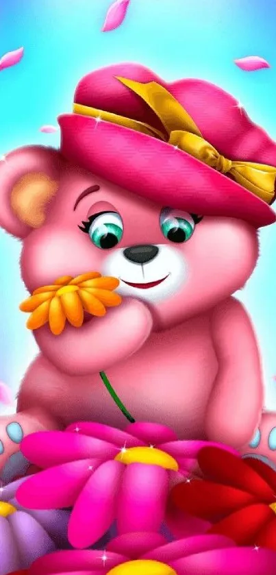 Pink cartoon bear with colorful flowers background.