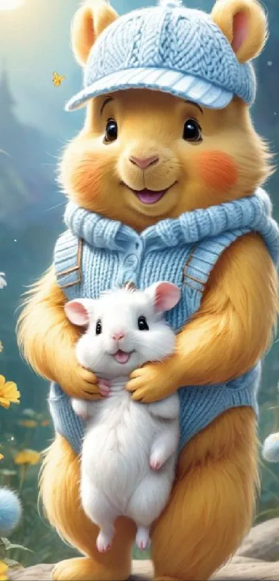 Cartoon bear in blue sweater holding a hamster in a sunny forest.