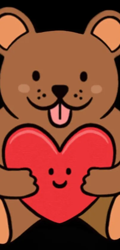 Cute cartoon bear holding a heart on a black background.