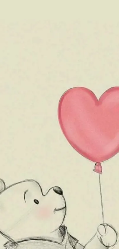 Sketch of bear holding a heart-shaped balloon on a light background.