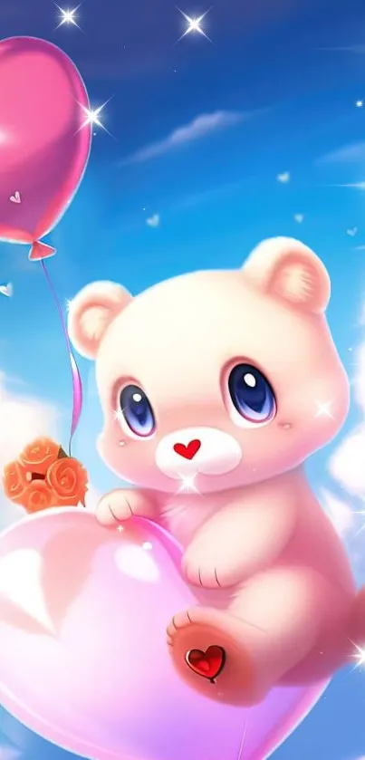 Cute bear with heart balloon in blue sky wallpaper.