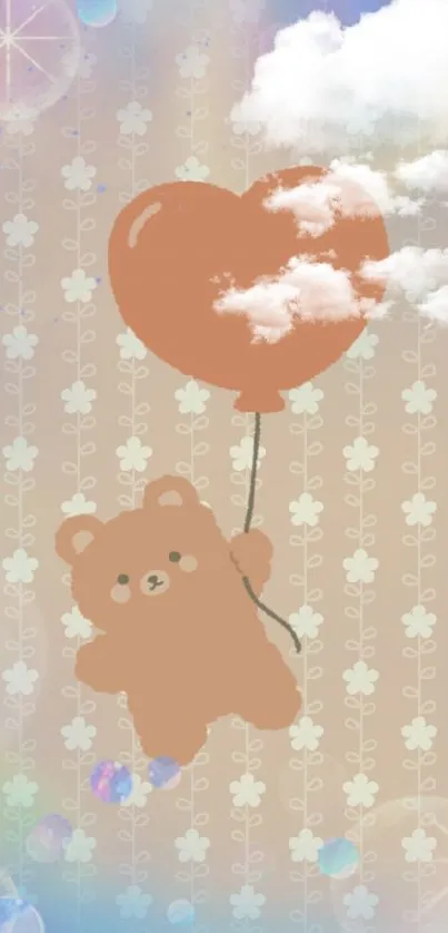 Cute bear with heart-shaped balloon on a pastel floral background.