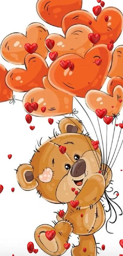 Adorable illustration of a bear holding orange heart-shaped balloons.