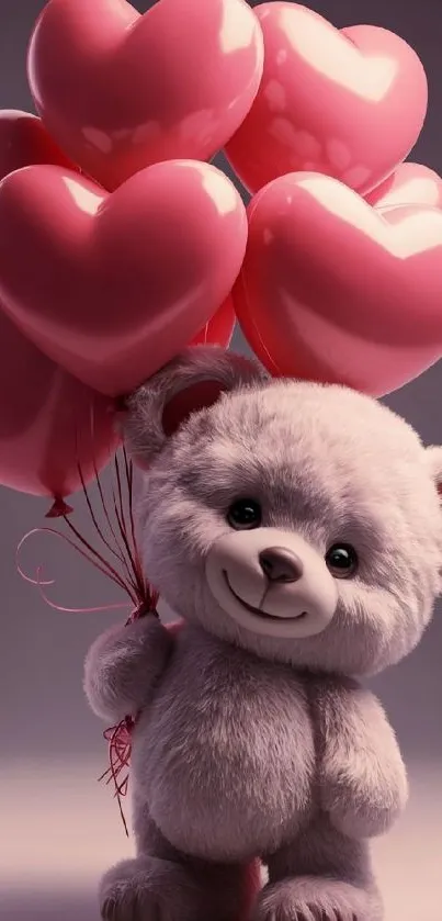 Cute teddy bear holding heart-shaped balloons.