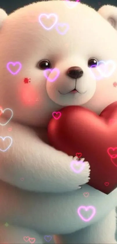 Adorable white bear holding a red heart.