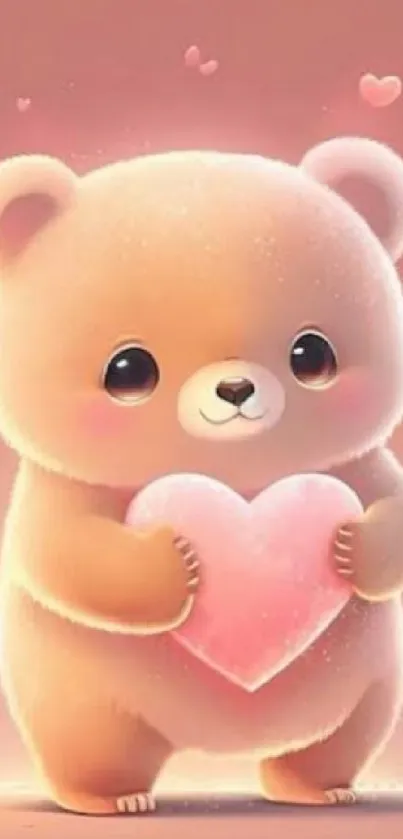 Cute bear holding a pink heart with soft background.