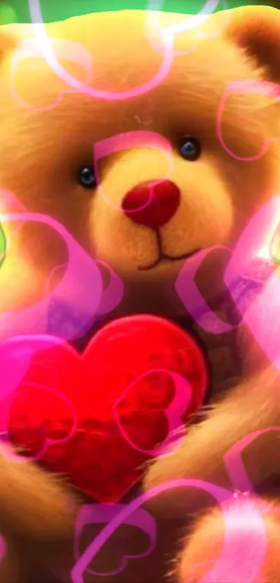 Cute teddy bear holding a red heart with vibrant pink swirls.