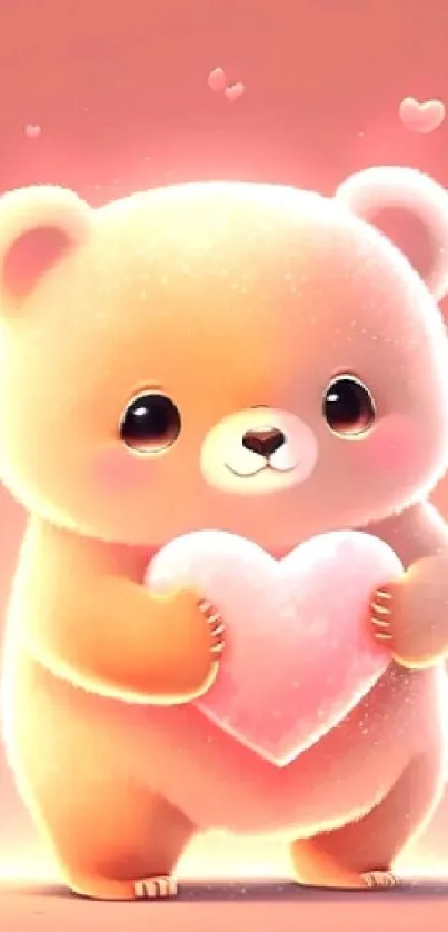 Cute bear holding a heart on a pink background.