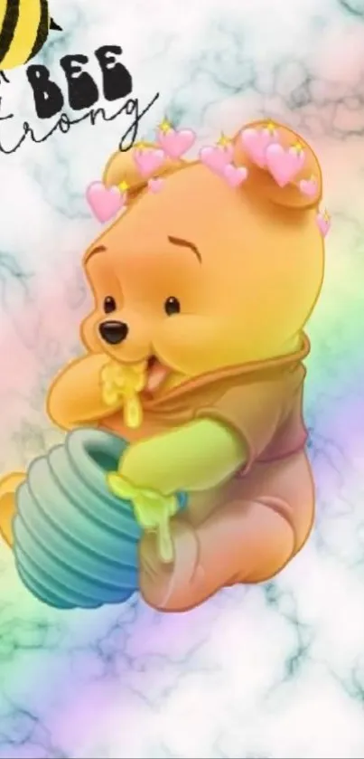 Adorable bear holding honey against a pastel background with pink hearts.