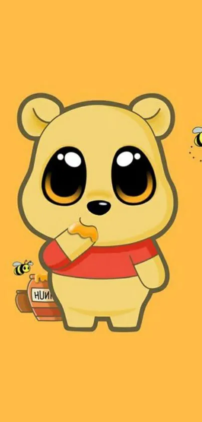 Cartoon bear with honey on orange background wallpaper.