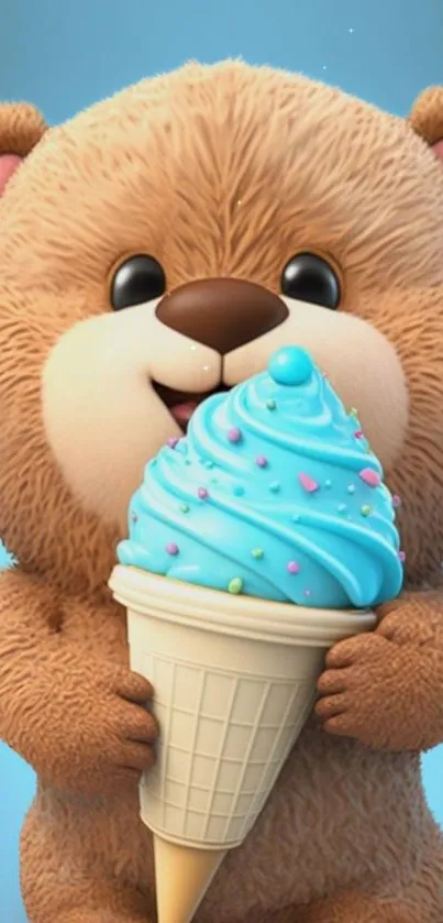 Adorable bear holding ice cream on blue background