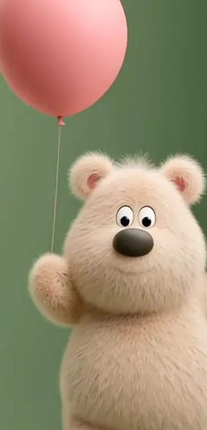 Fluffy bear holding a pink balloon on a green background.