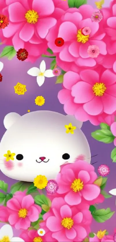 Cute cartoon bear with pink flowers wallpaper.