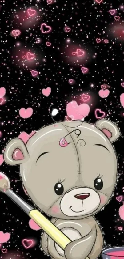 Cute teddy bear with pink hearts and sparkles on black background.