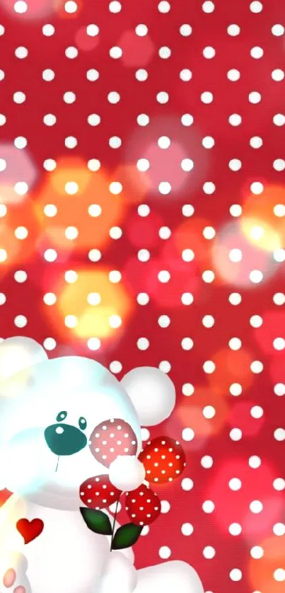 Cute white bear with red polka dots and a flower.