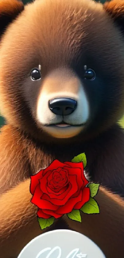 Adorable bear holding bright red rose in forest.