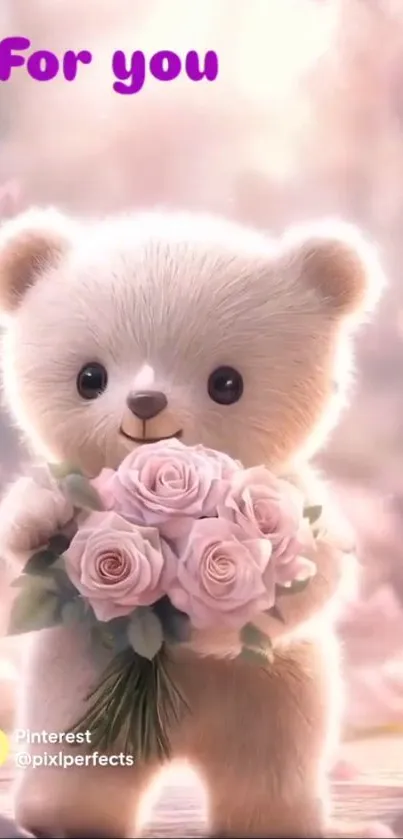 A cute teddy bear holding pink roses with soft background.