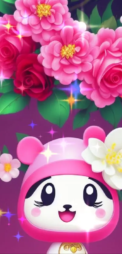 Cartoon bear with pink roses and floral elements in vibrant wallpaper.