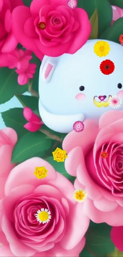 Cute bear nestled among pink roses on blue background wallpaper.